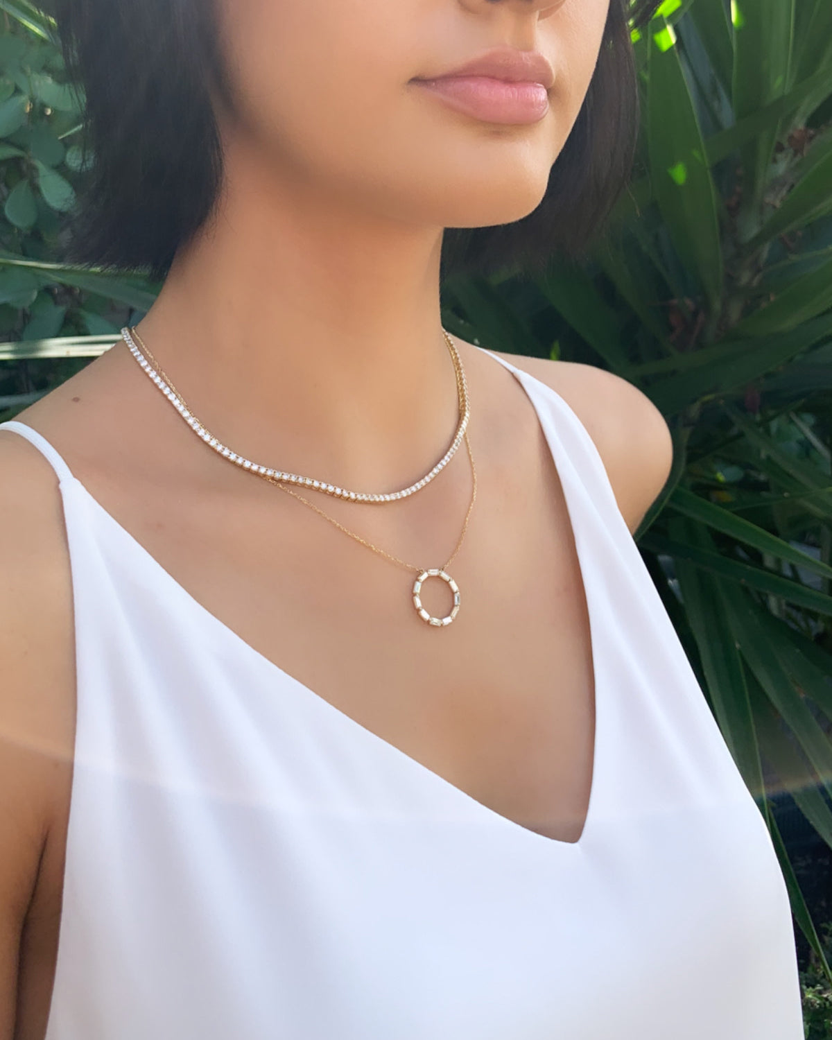 Baguette Diamond Open Circle Necklace in Yellow Gold