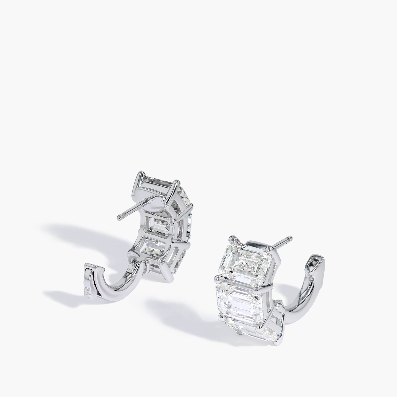 10.20 Carat Emerald Diamond Hoop Earrings in 14K White Gold, side view