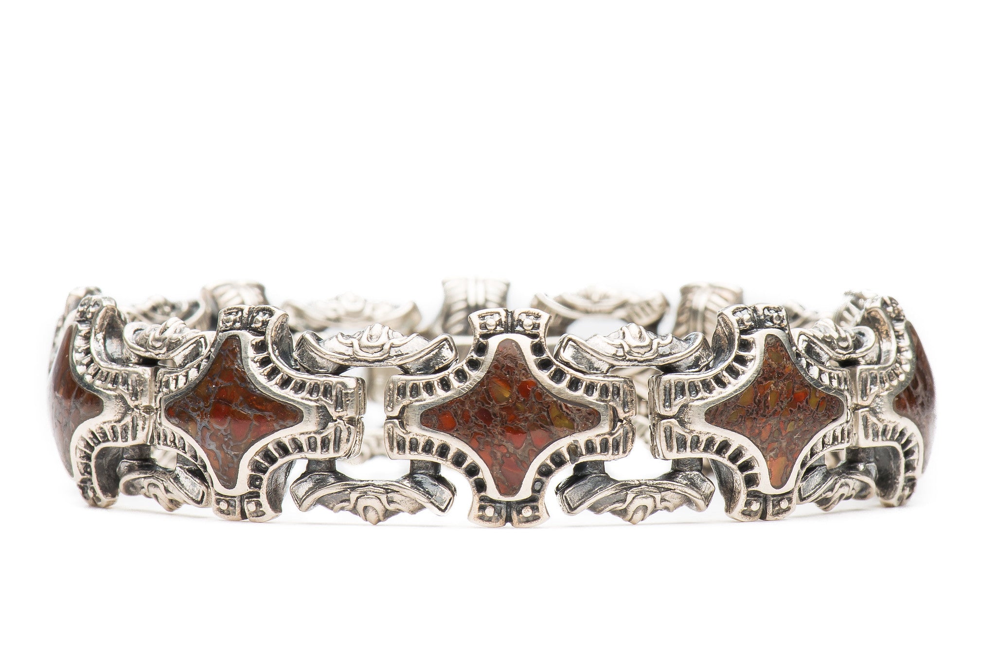 William Henry Bishop Inlaid Red Fossil Sterling Silver Link Bracelet
