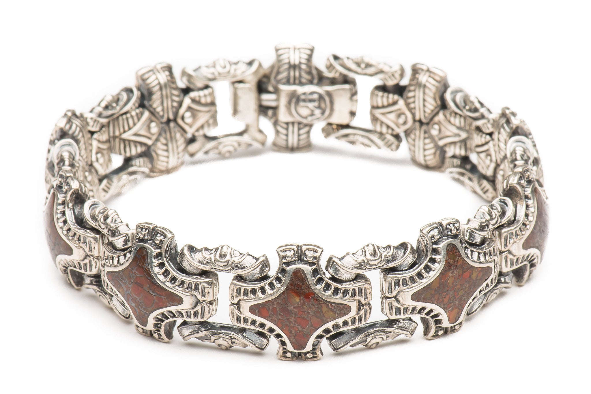 William Henry Bishop Inlaid Red Fossil Sterling Silver Link Bracelet