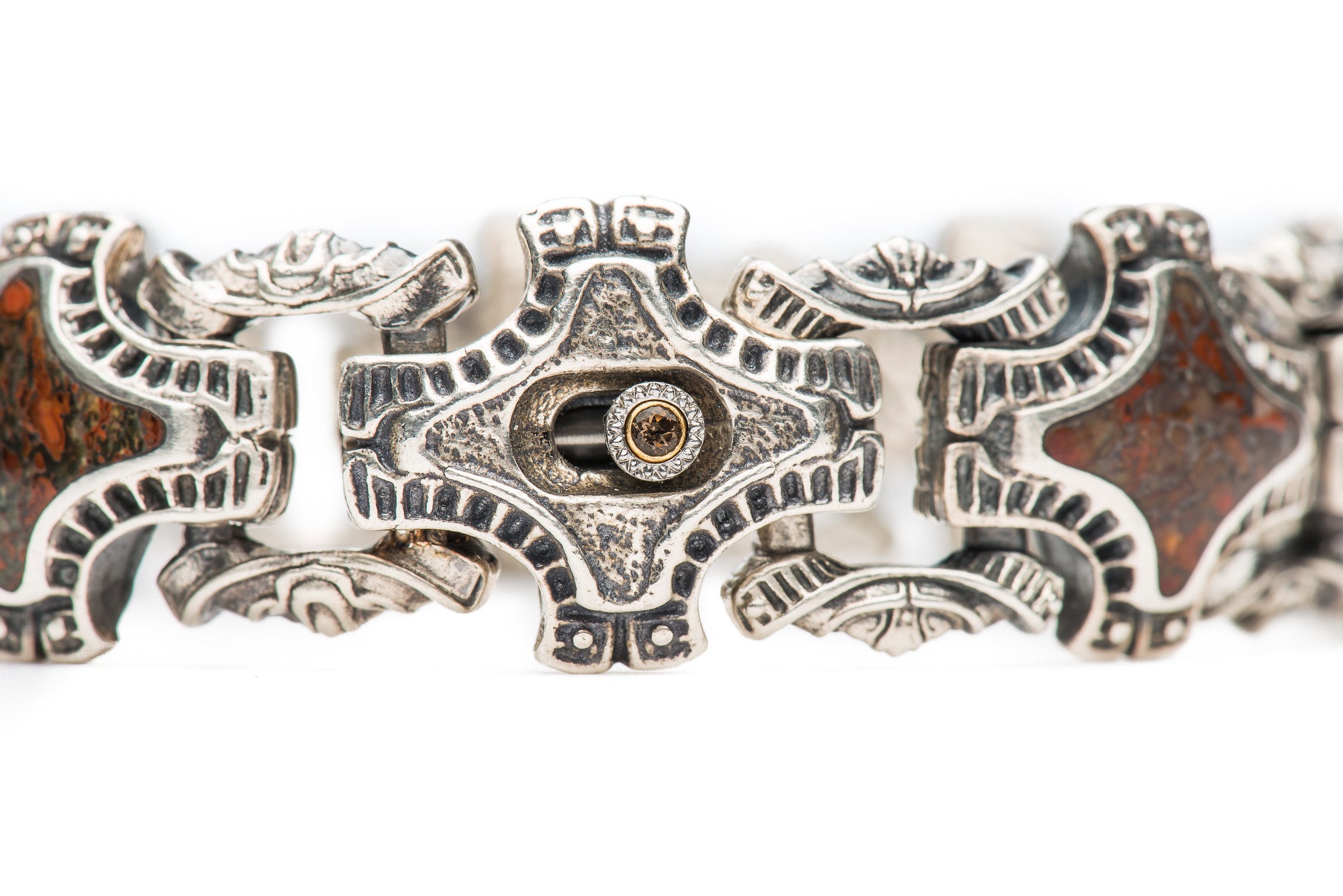 William Henry Bishop Inlaid Red Fossil Sterling Silver Link Bracelet