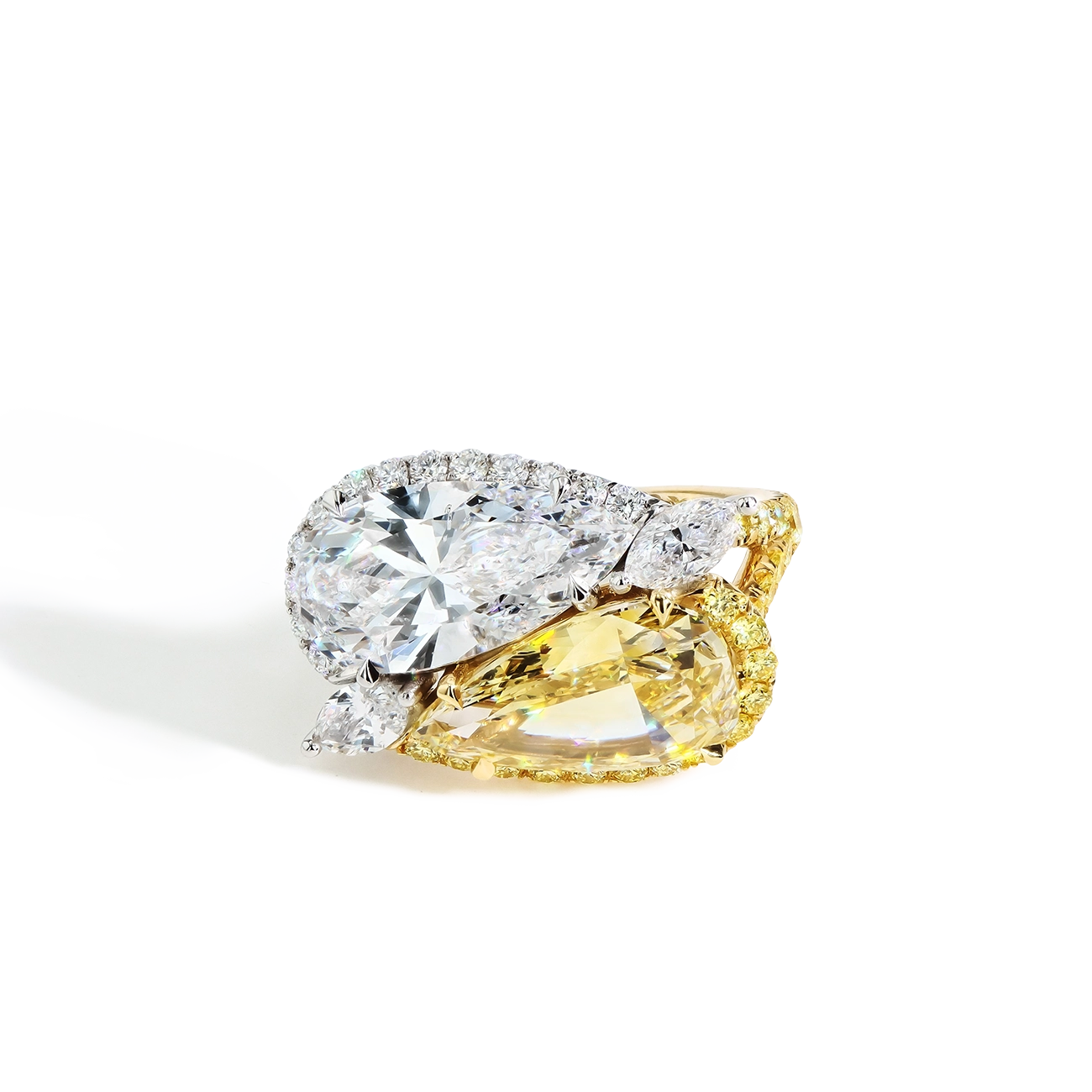 White and Yellow Diamond Double Pear Ring