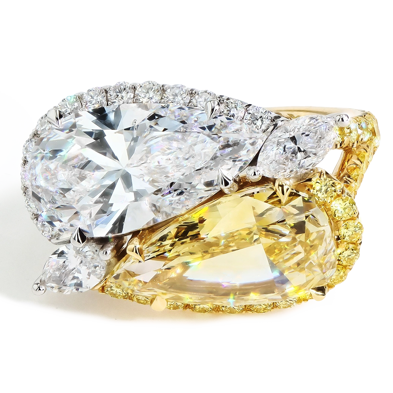 White and Yellow Diamond Double Pear Ring