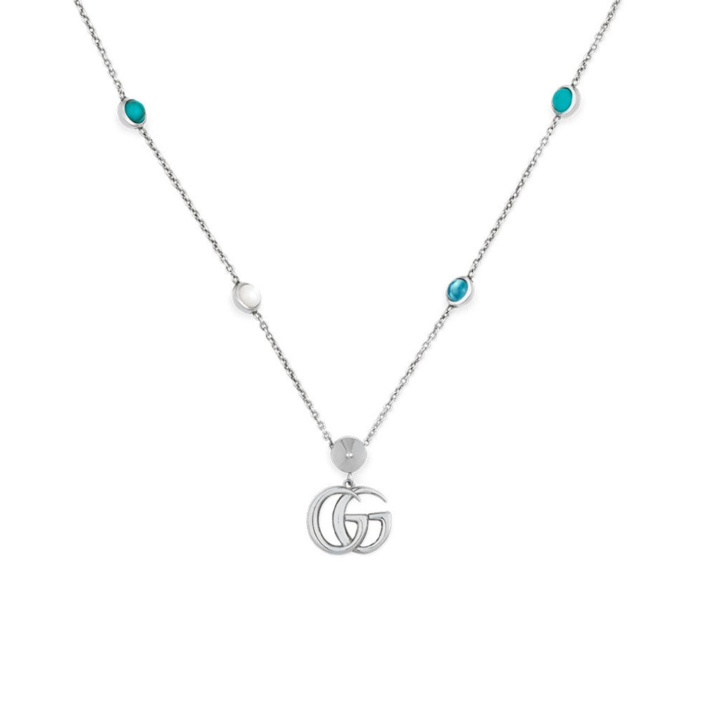 Gucci GG Marmont Mother of Pearl & Topaz Double G Pendant Necklace