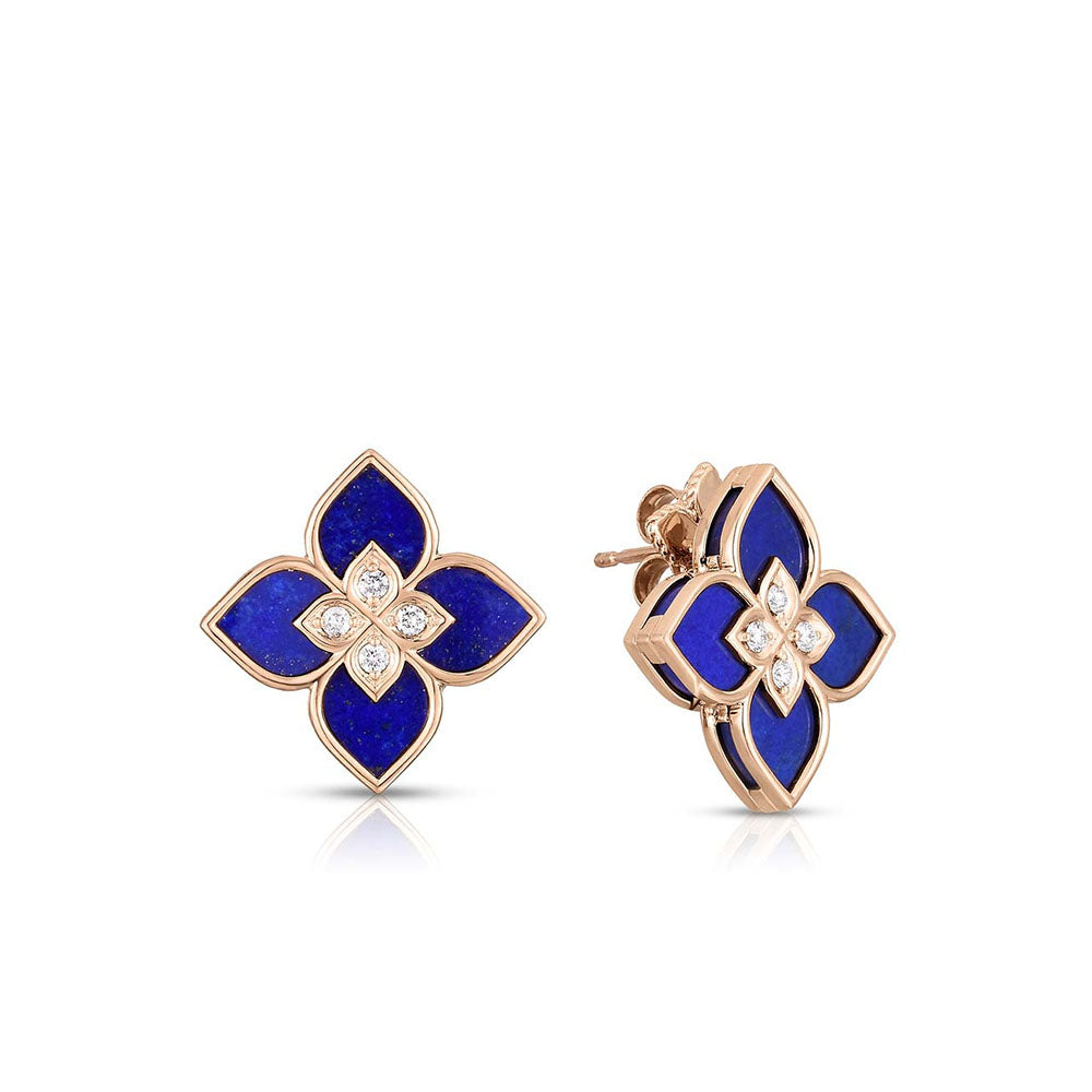 Roberto Coin Venetian Princess Large Flower Lapis and Diamond Stud Earrings