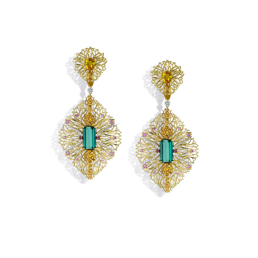 Robert Pelliccia 4.88ctw Emerald and Pink Tourmaline Dangle Earrings