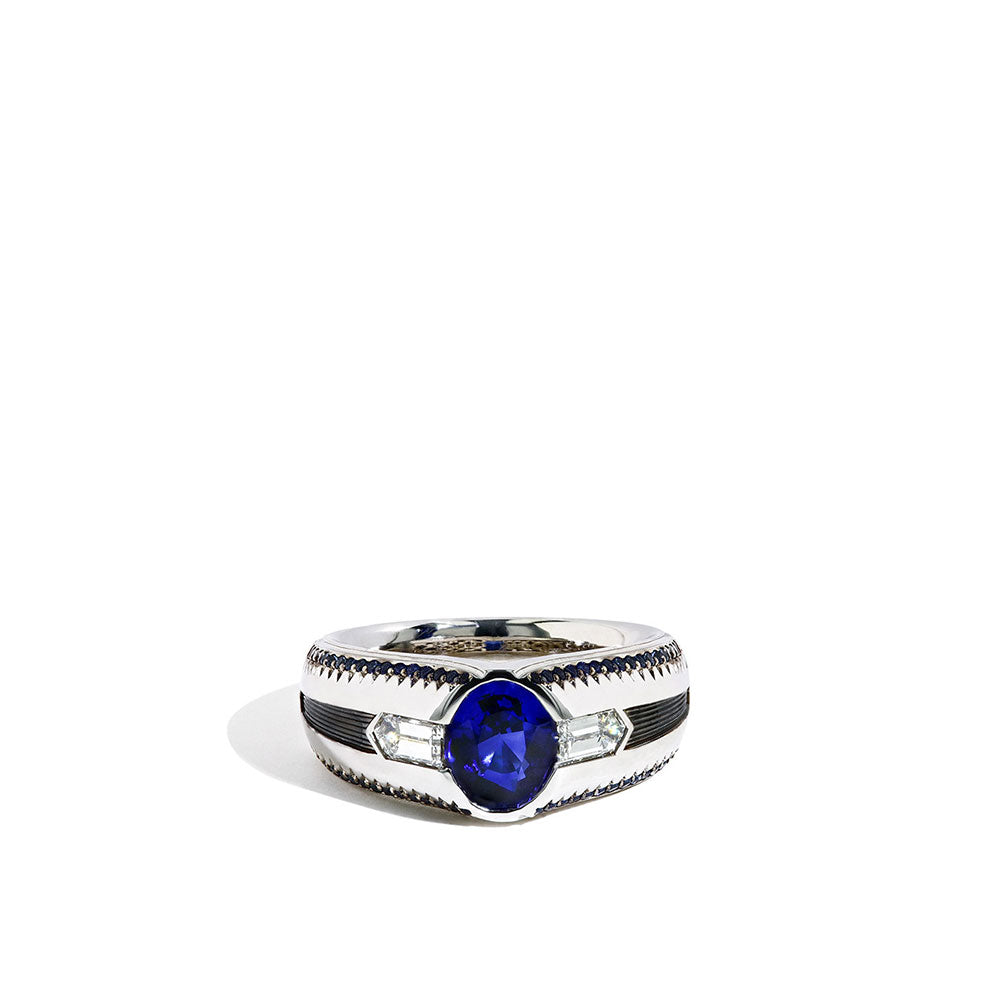 Robert Pelliccia Oval Blue Sapphire and Bullet Diamond Men's Ring