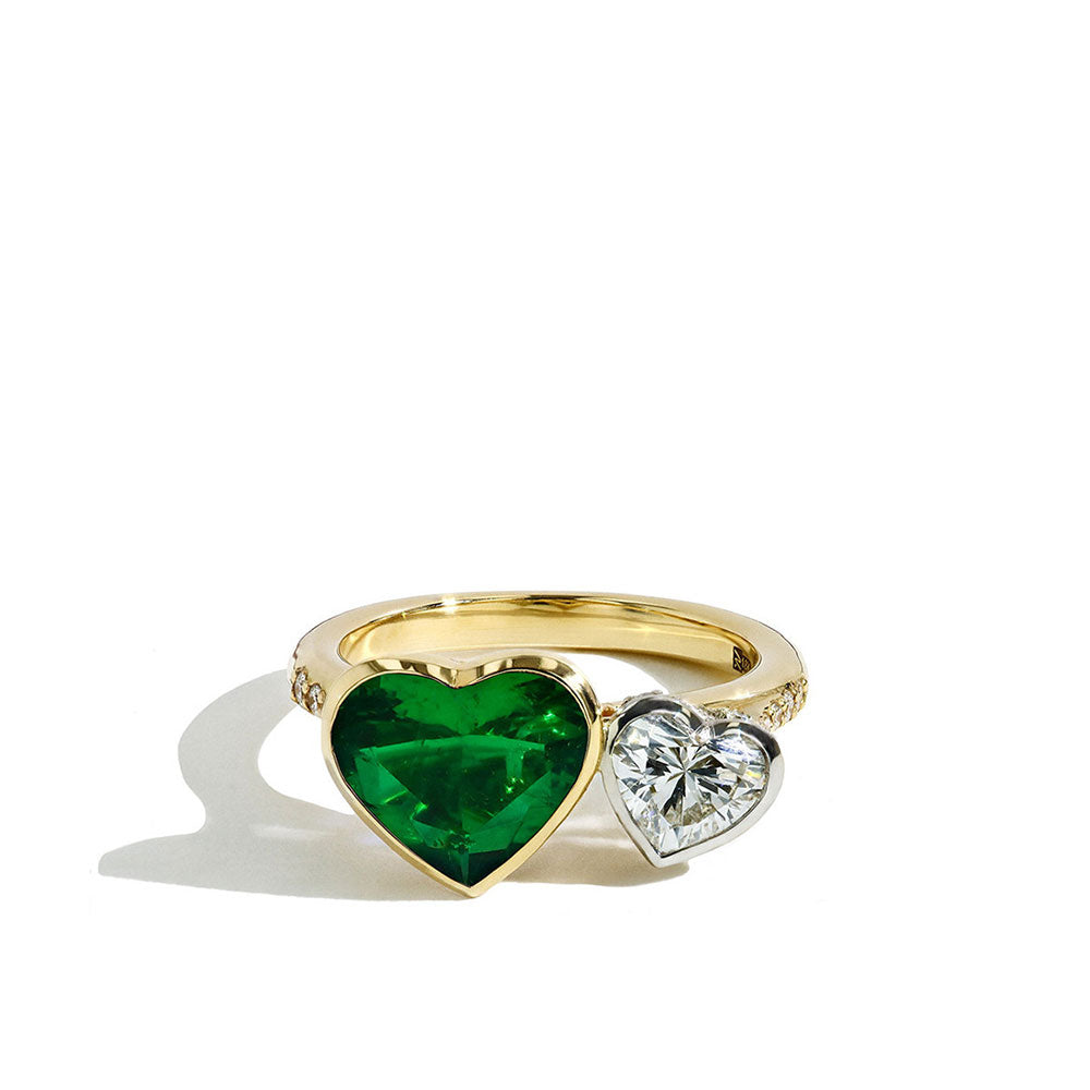 Robert Pelliccia Heart Shaped Emerald and Diamond Toi et Moi Ring
