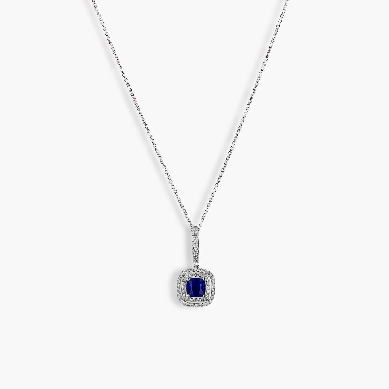 Blue Sapphire Double Halo Cushion Pendant