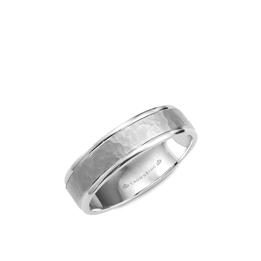Crown Ring White Gold 6mm Hammered Center Men's Band