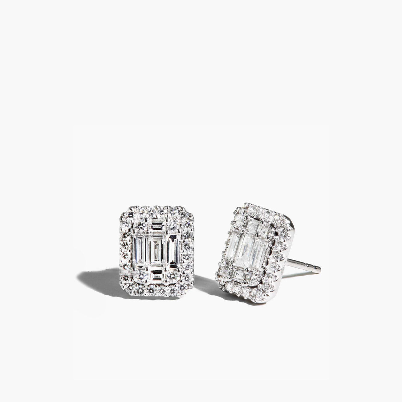 1 Carat Emerald Cut Illusion Diamond Stud Earrings in 14k White Gold