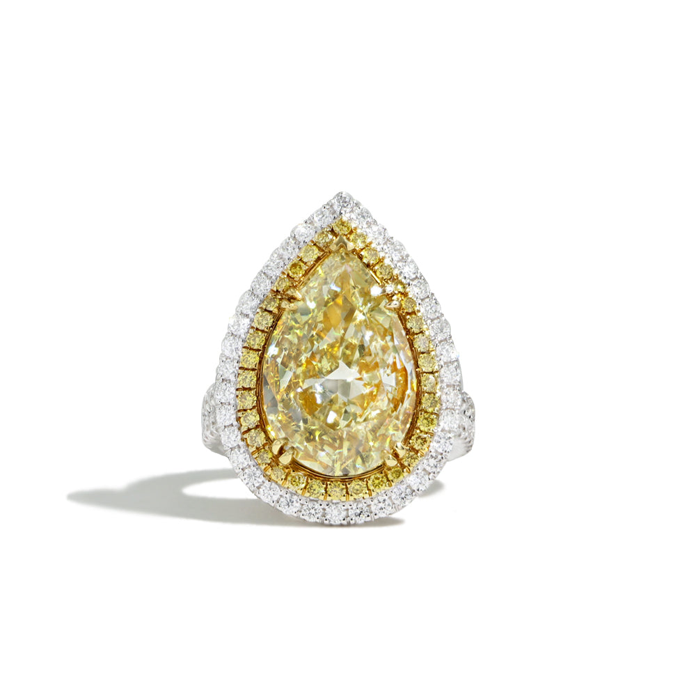 7 Carat Yellow Diamond Pear Shape Double Halo Ring