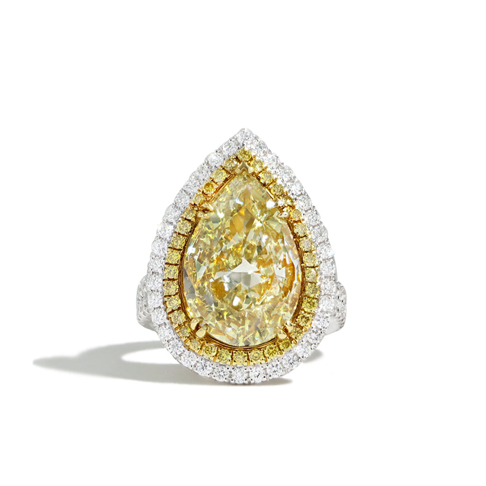 7 Carat Yellow Diamond Pear Shape Double Halo Ring