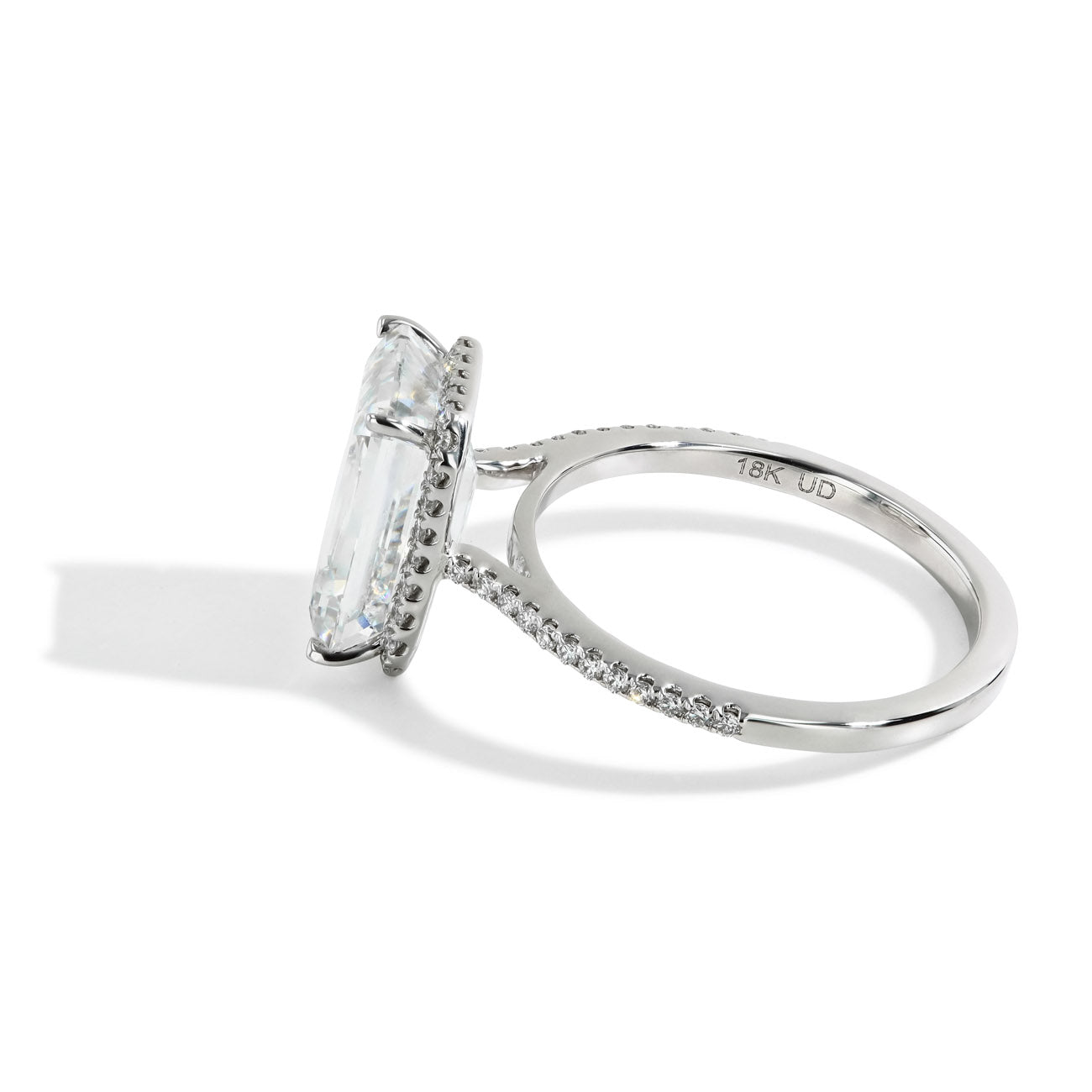 5.02 Carat Emerald Cut Lab Grown Diamond Pave Hidden Halo Engagement Ring