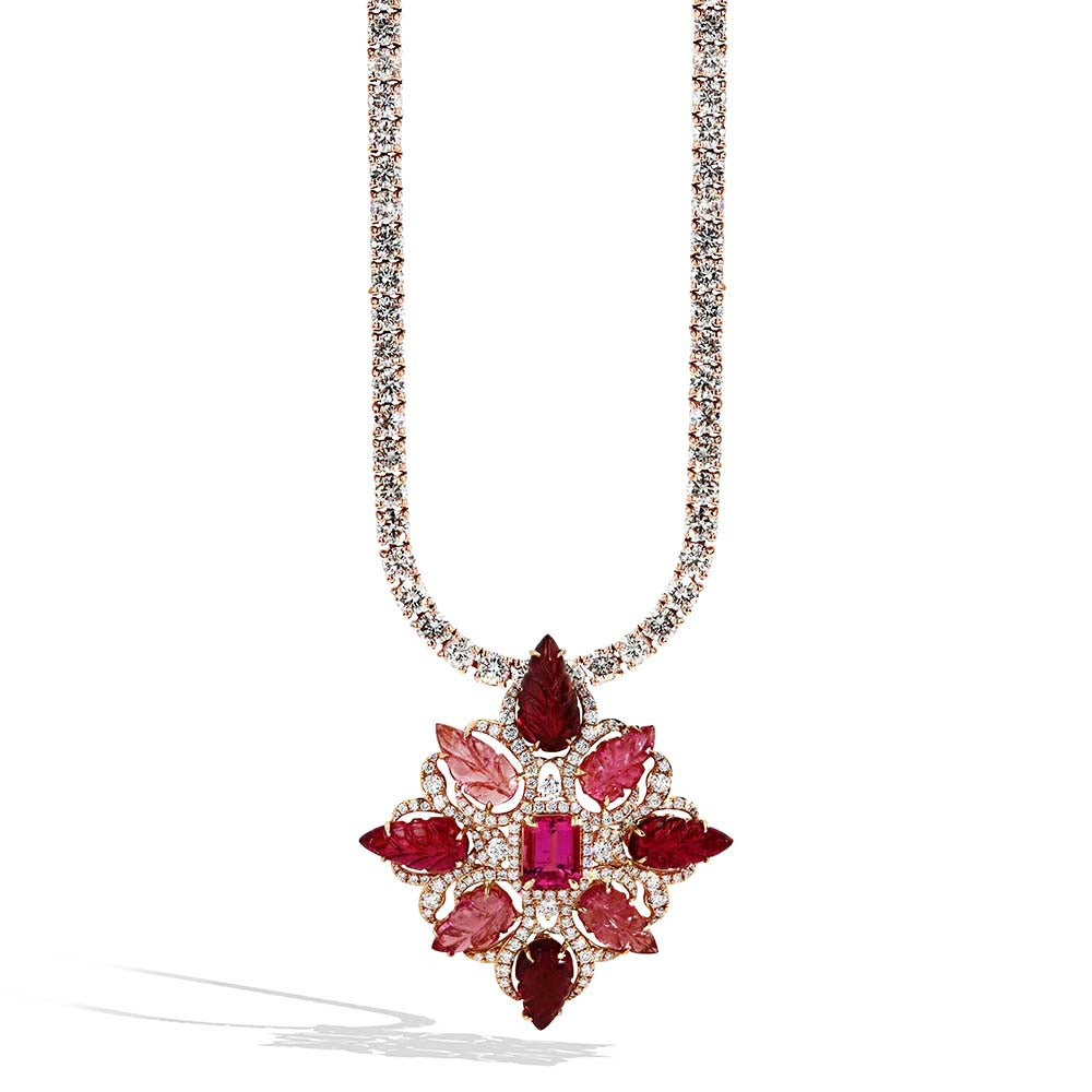 22 Carat Pink Tourmaline Diamond Flower Necklace