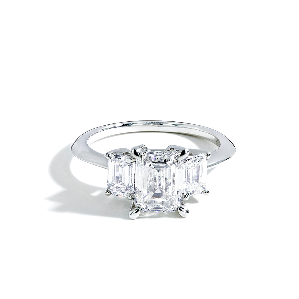 2 Carat Lab Grown Emerald Cut Diamond Three Stone Engagement Ring