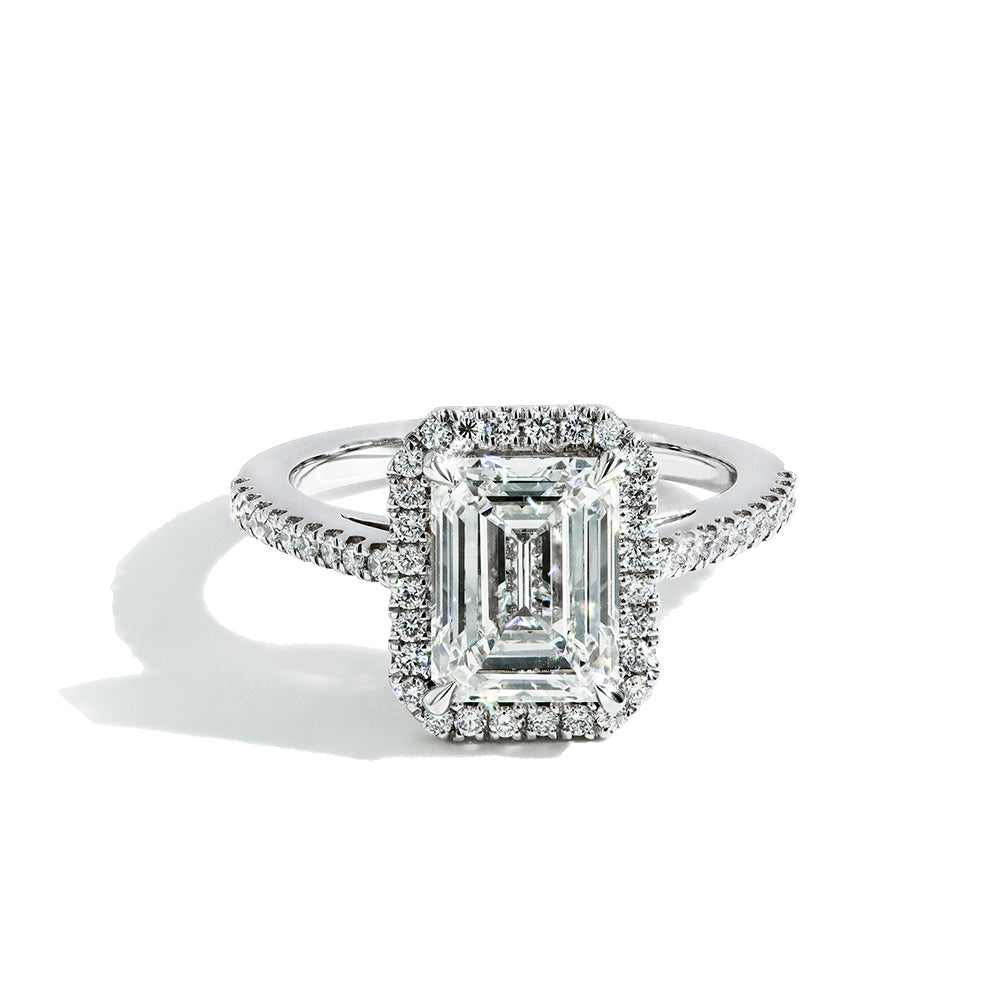3 Carat Lab Grown Diamond Emerald Cut Halo Engagement Ring