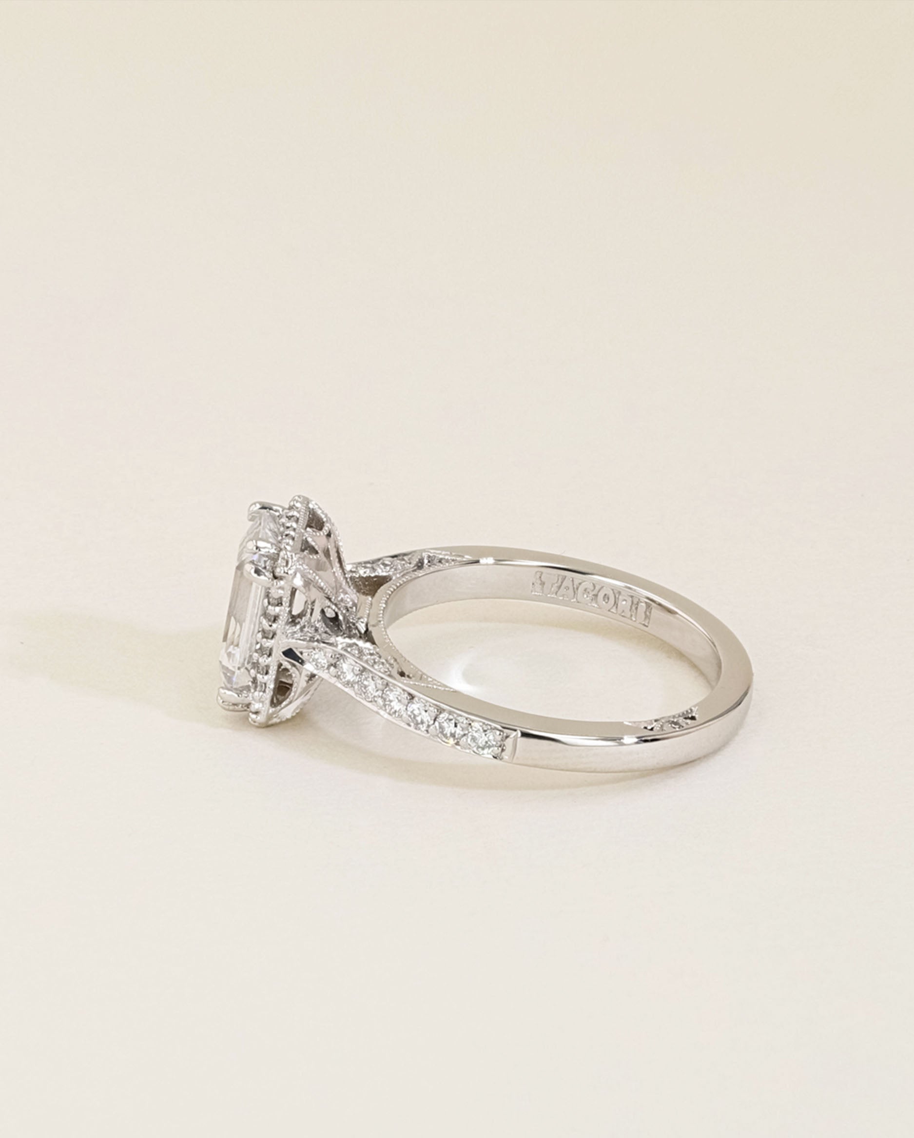 Tacori Dantela Emerald-Cut Halo Pave Diamond Engagement Ring Setting in Platinum
