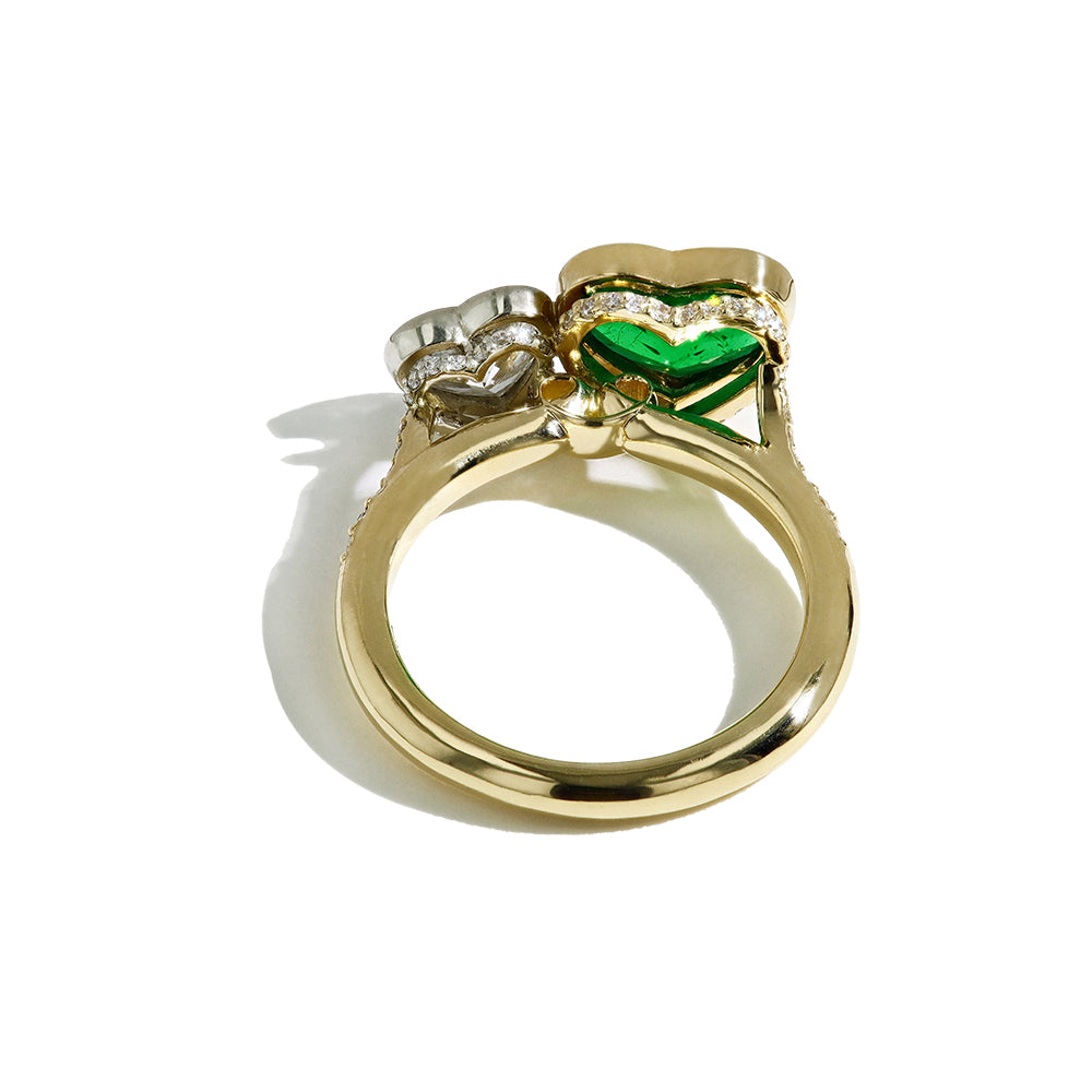 Robert Pelliccia Heart Shaped Emerald and Diamond Toi et Moi Ring