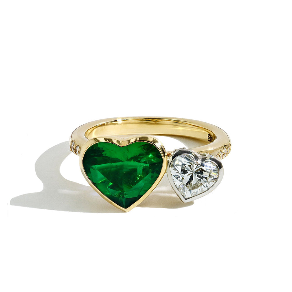 Robert Pelliccia Heart Shaped Emerald and Diamond Toi et Moi Ring