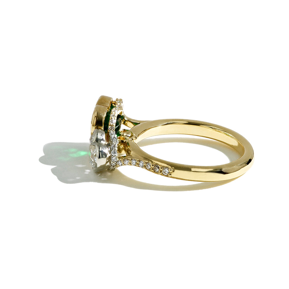 Robert Pelliccia Heart Shaped Emerald and Diamond Toi et Moi Ring