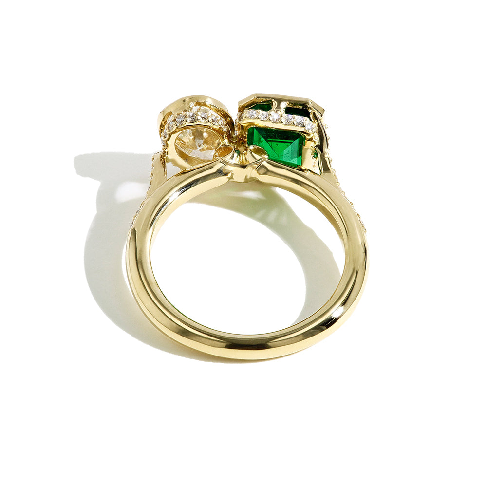 Robert Pelliccia Emerald and Pear Shaped Diamond Toi et Moi Ring