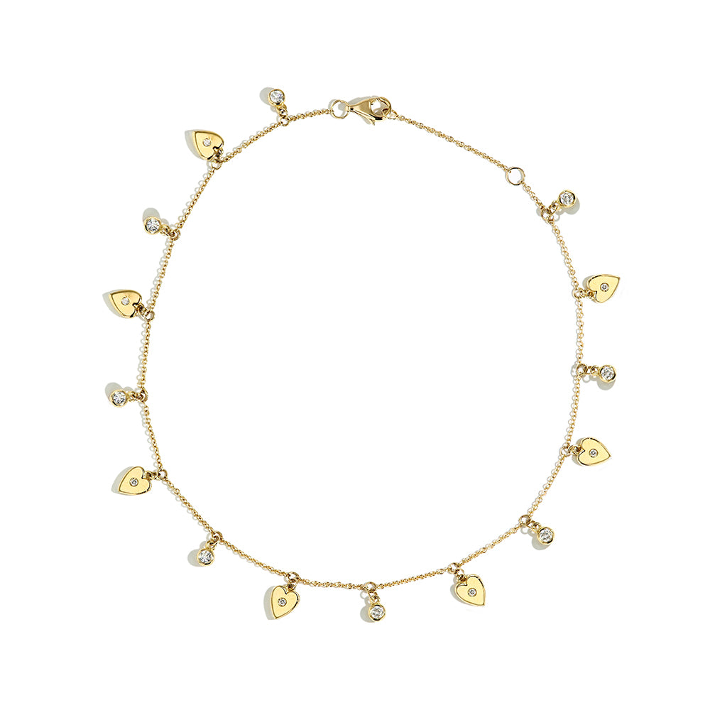 Dangle Heart Anklet With Diamonds in Yellow Gold
