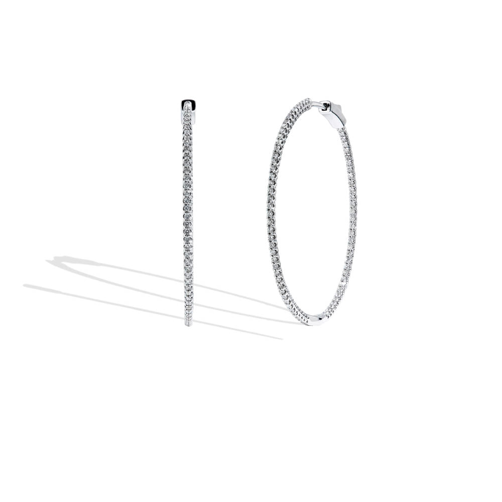 Thin White Gold Diamond Hoop Earrings - 2 CTW