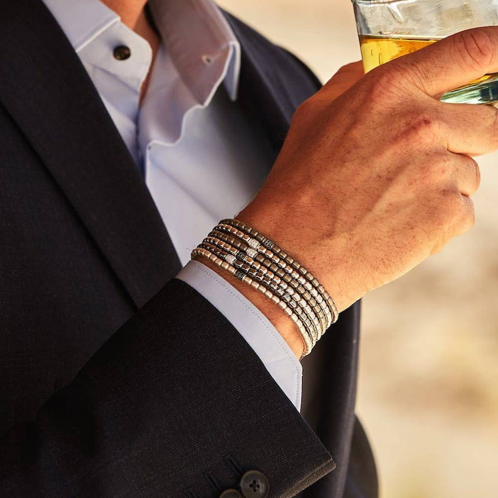 Hulchi Belluni Tresore Men's White Gold Stretch Bracelet with White Diamonds