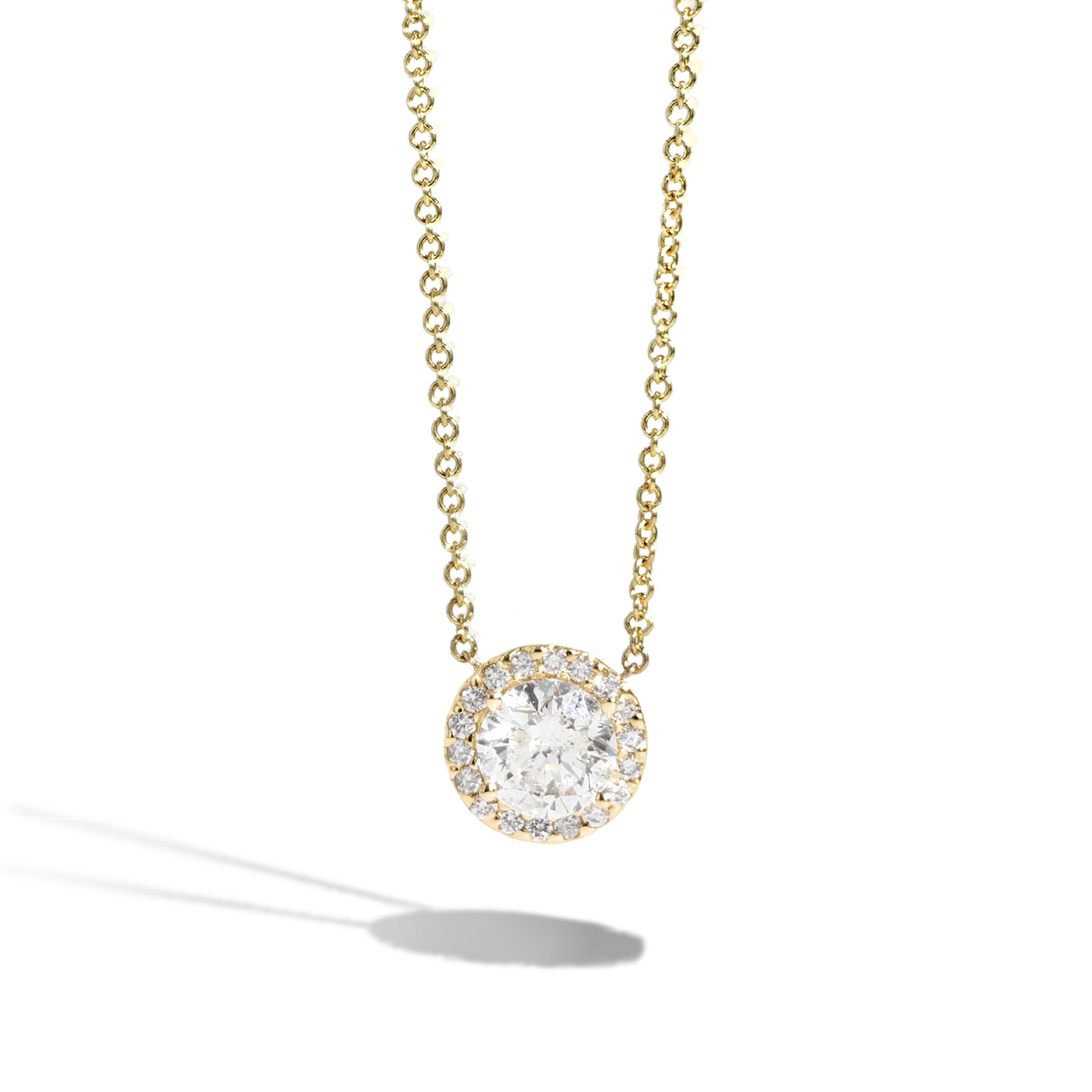 1 Carat Round Diamond Halo Necklace in 18K Yellow Gold