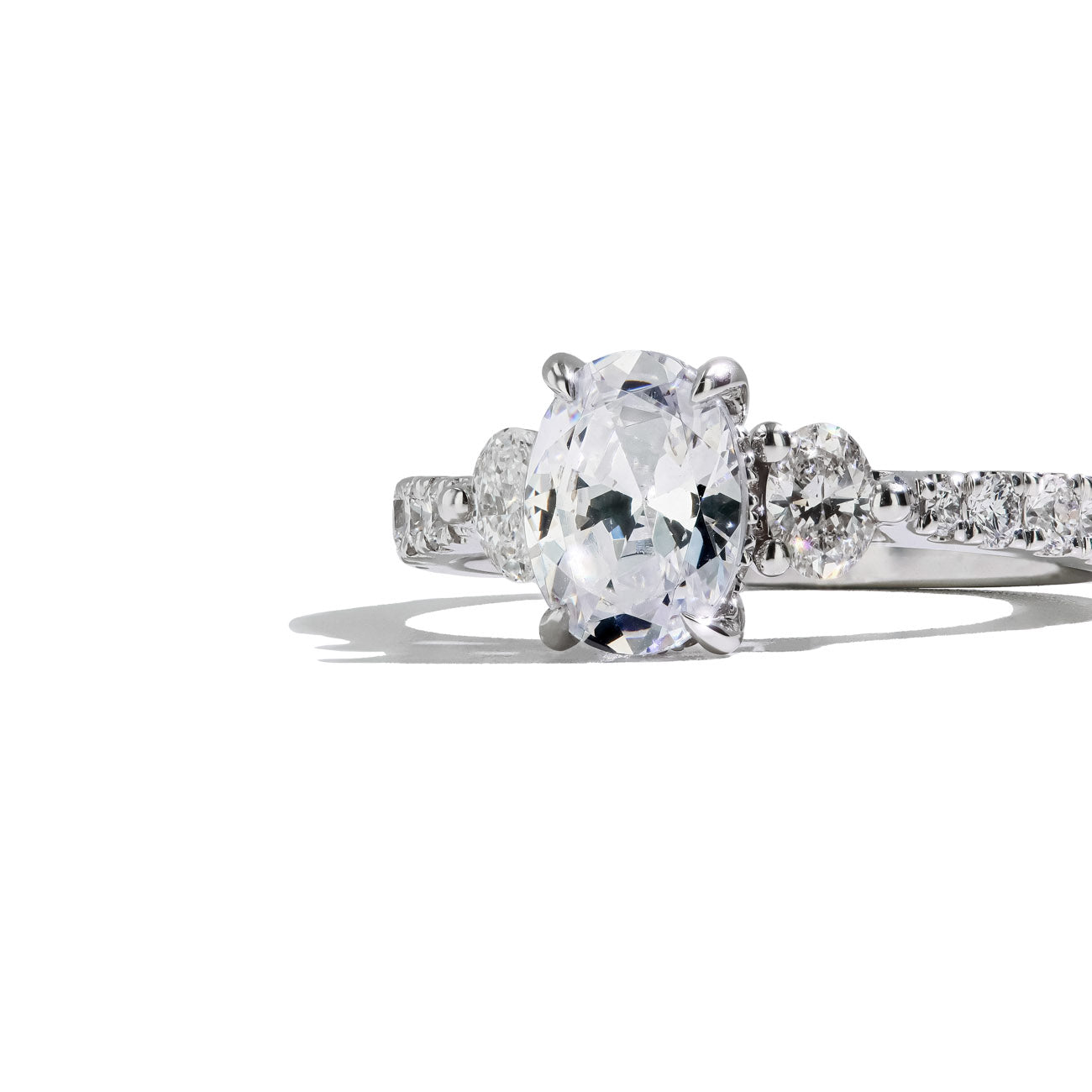 Three Stone Oval Halfway Shank Engagement Ring Setting in 14K White Gold