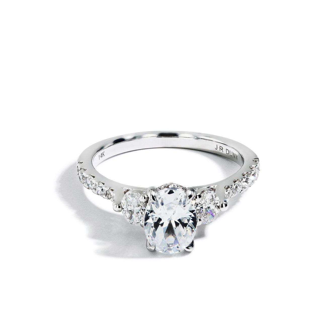 Three Stone Oval Halfway Shank Engagement Ring Setting in 14K White Gold