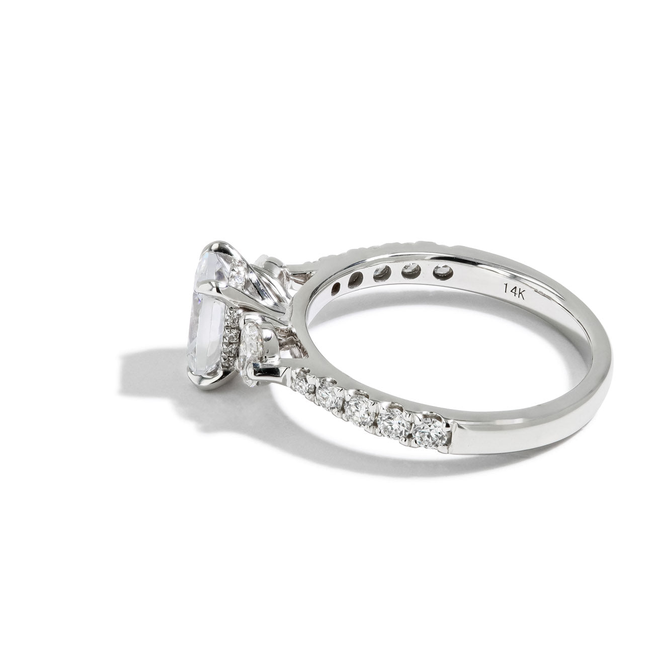 Three Stone Oval Halfway Shank Engagement Ring Setting in 14K White Gold