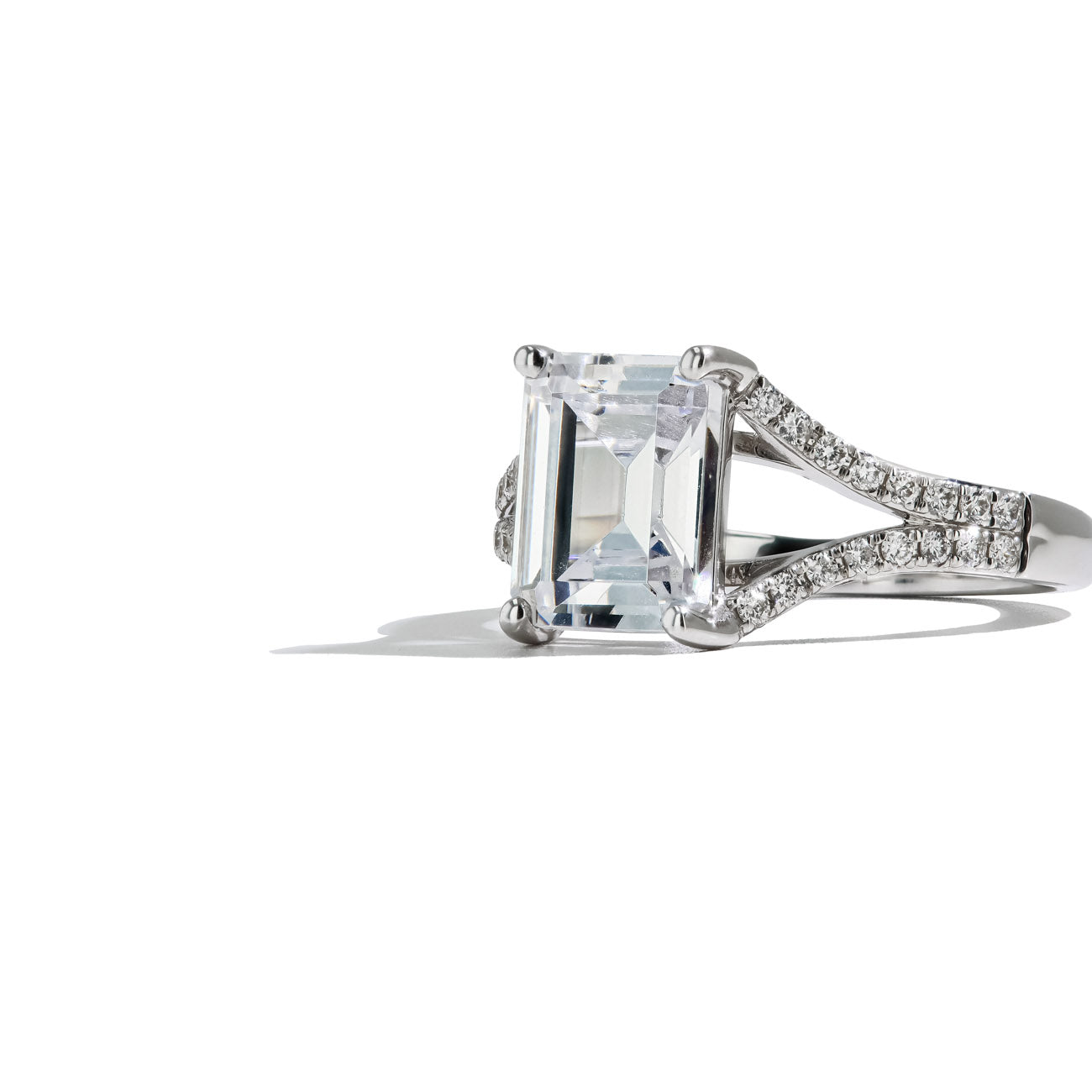 Emerald Cut Pave Split Shank Engagement Ring Setting in 14K White Gold