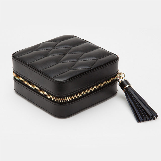 Wolf Caroline Black Leather Quilted Jewelry Zip Travel Case