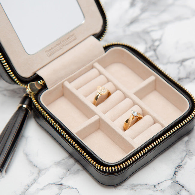Wolf Caroline Black Leather Quilted Jewelry Zip Travel Case