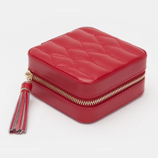 Wolf Caroline Red Leather Quilted Jewelry Zip Travel Case