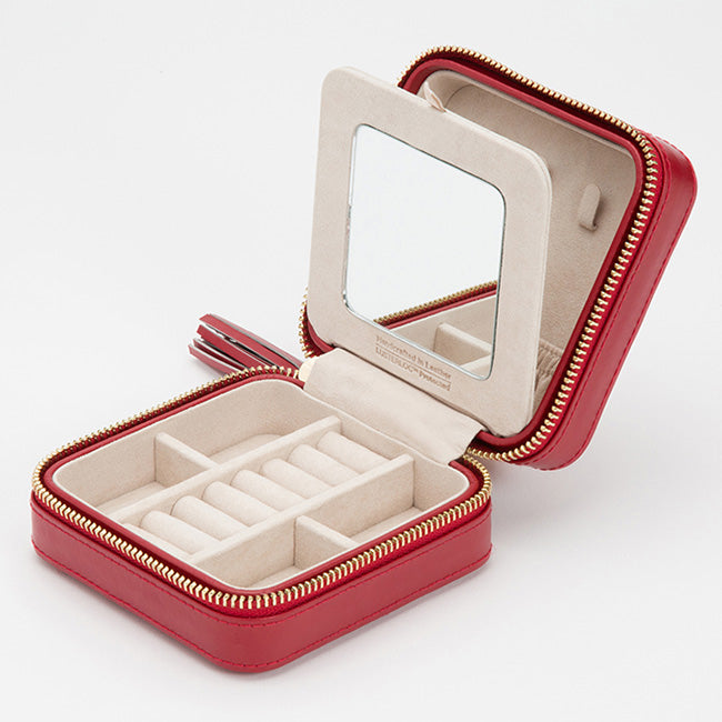 Wolf Caroline Red Leather Quilted Jewelry Zip Travel Case