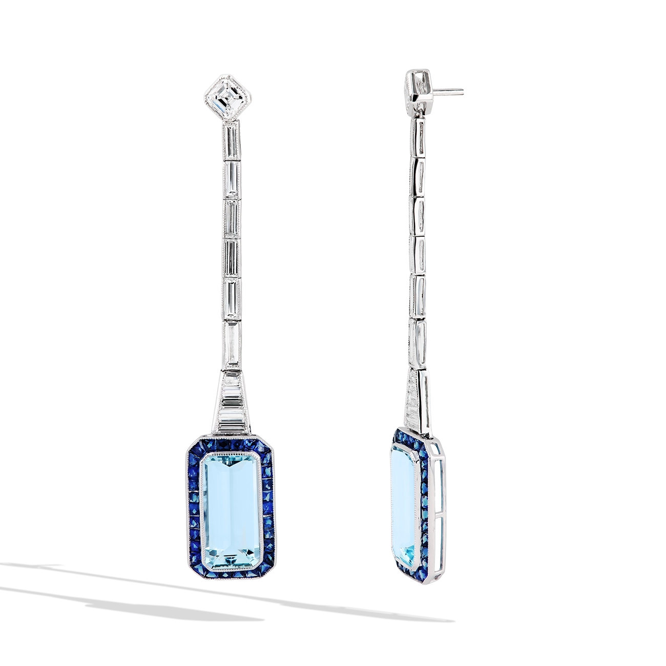 7 Carat Emerald-Cut Aquamarine and Blue Sapphire Drop Earrings