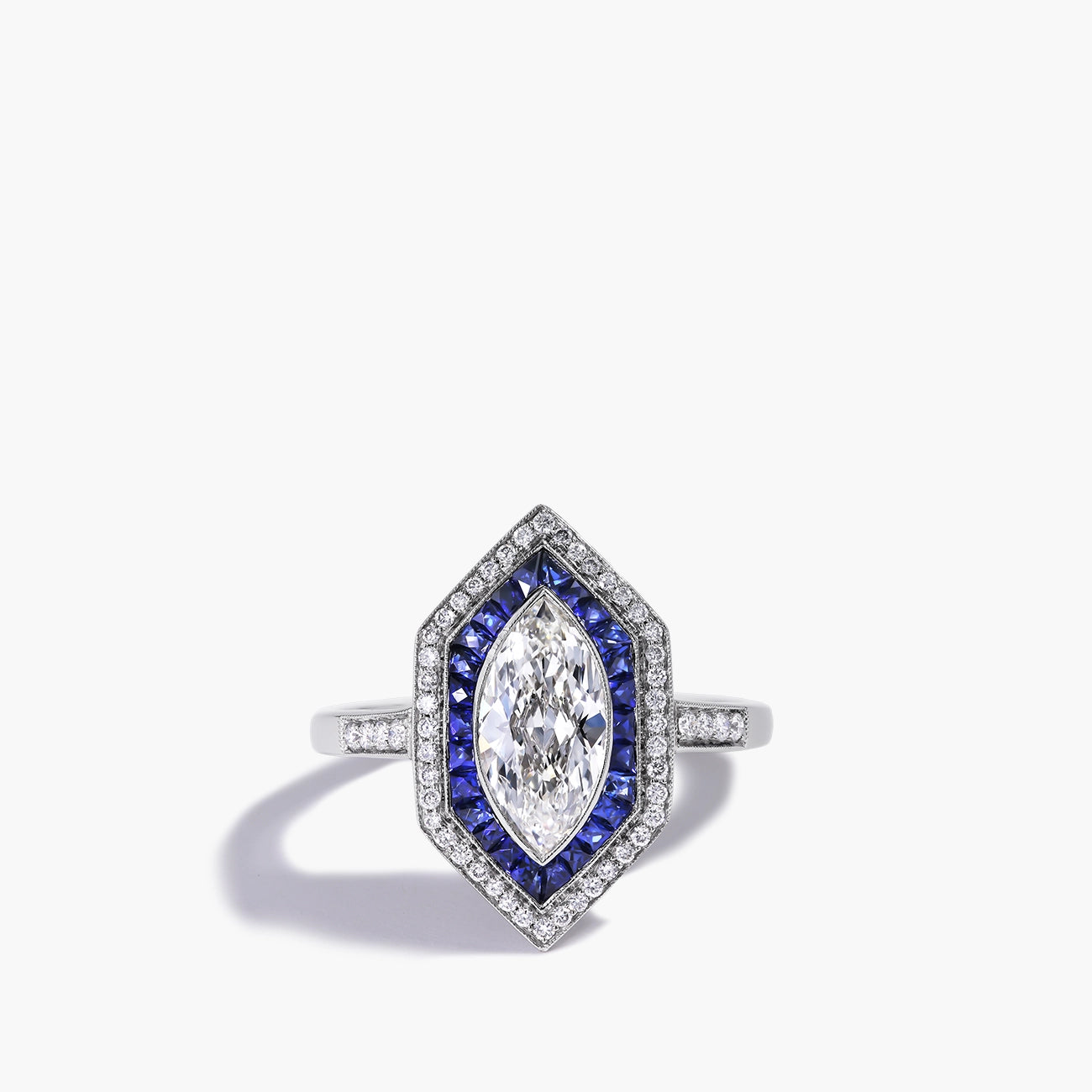 Marquise Diamond and Blue Sapphire Halo Ring