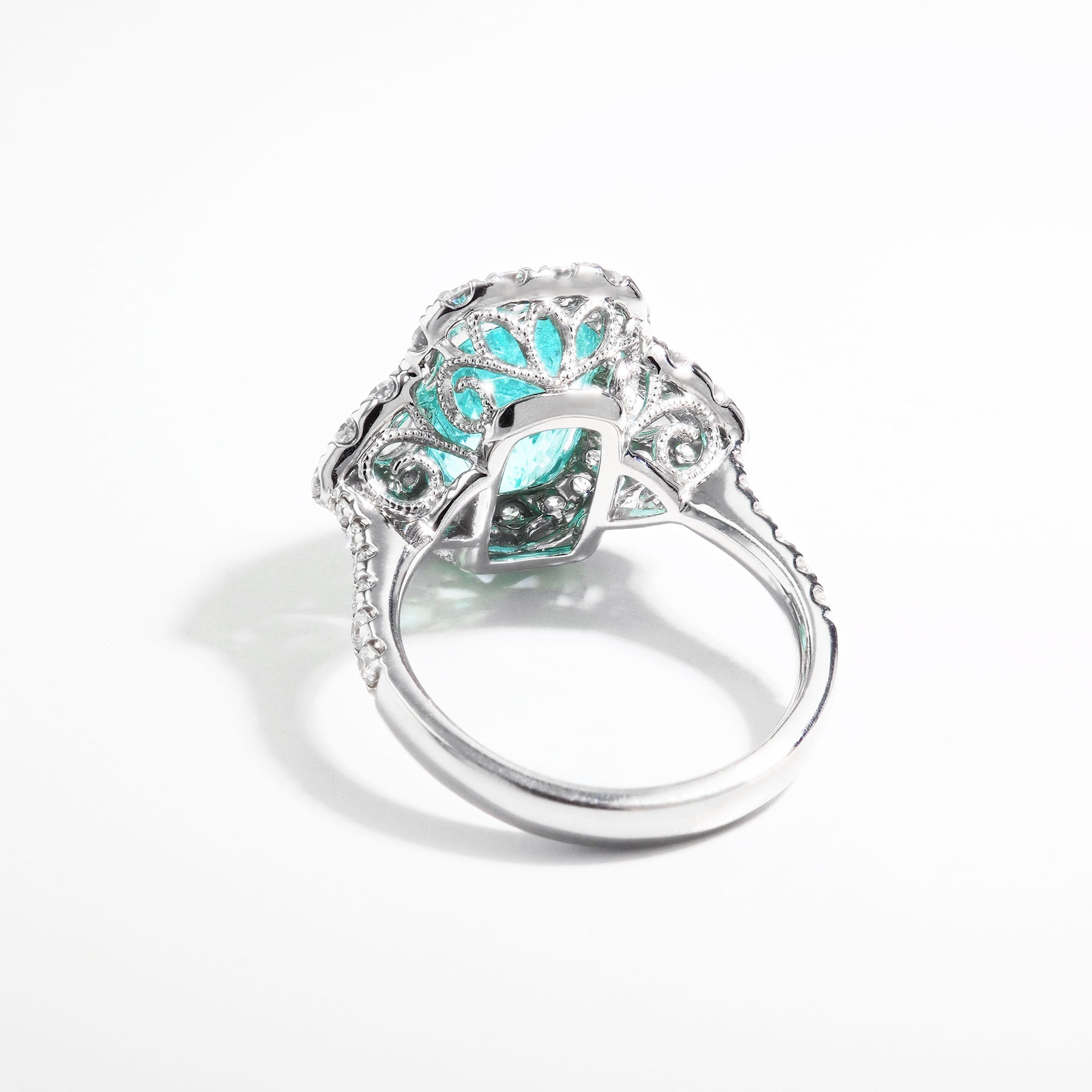 Cushion Paraiba Tourmaline Ring with Rose Cut Side Diamonds