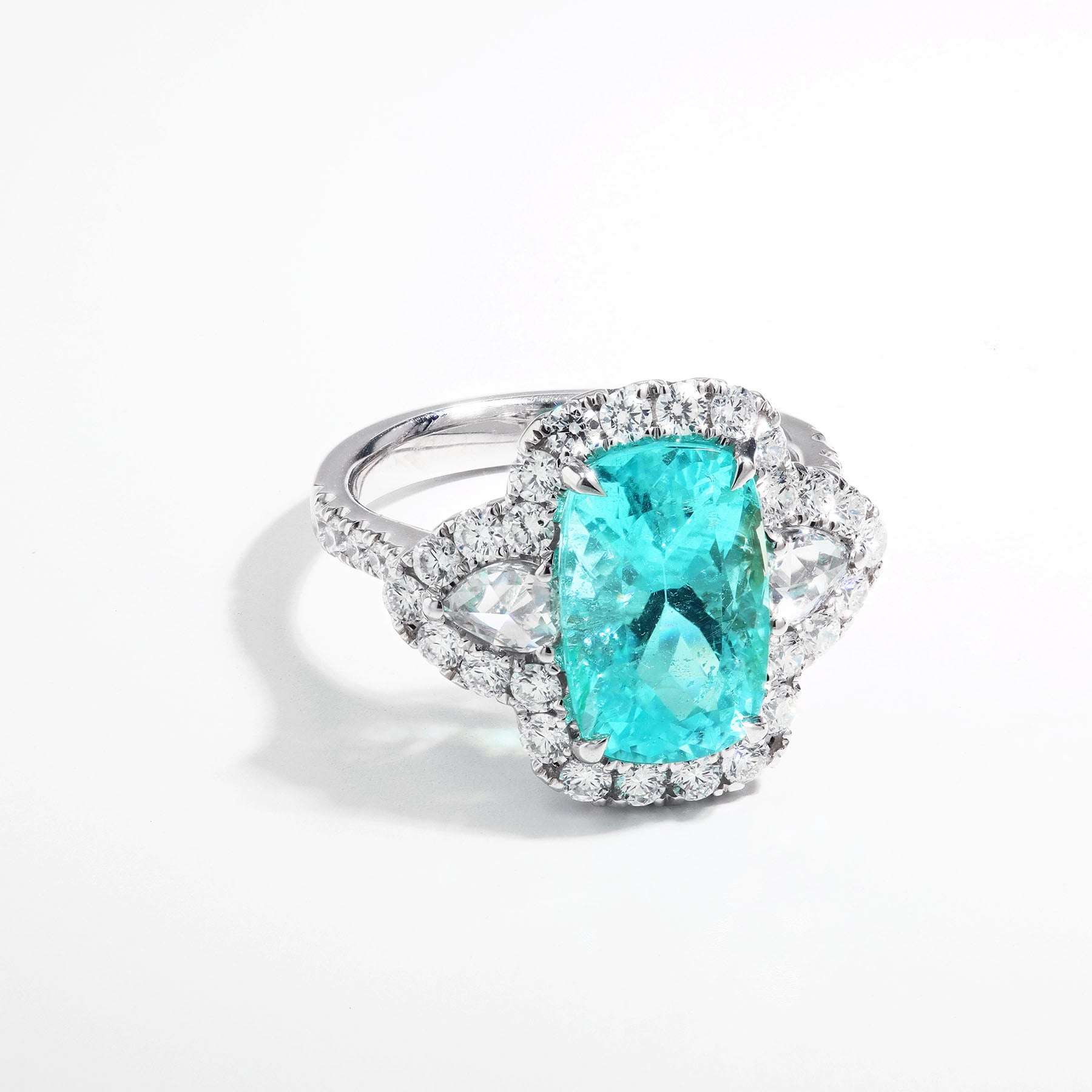 Cushion Paraiba Tourmaline Ring with Rose Cut Side Diamonds