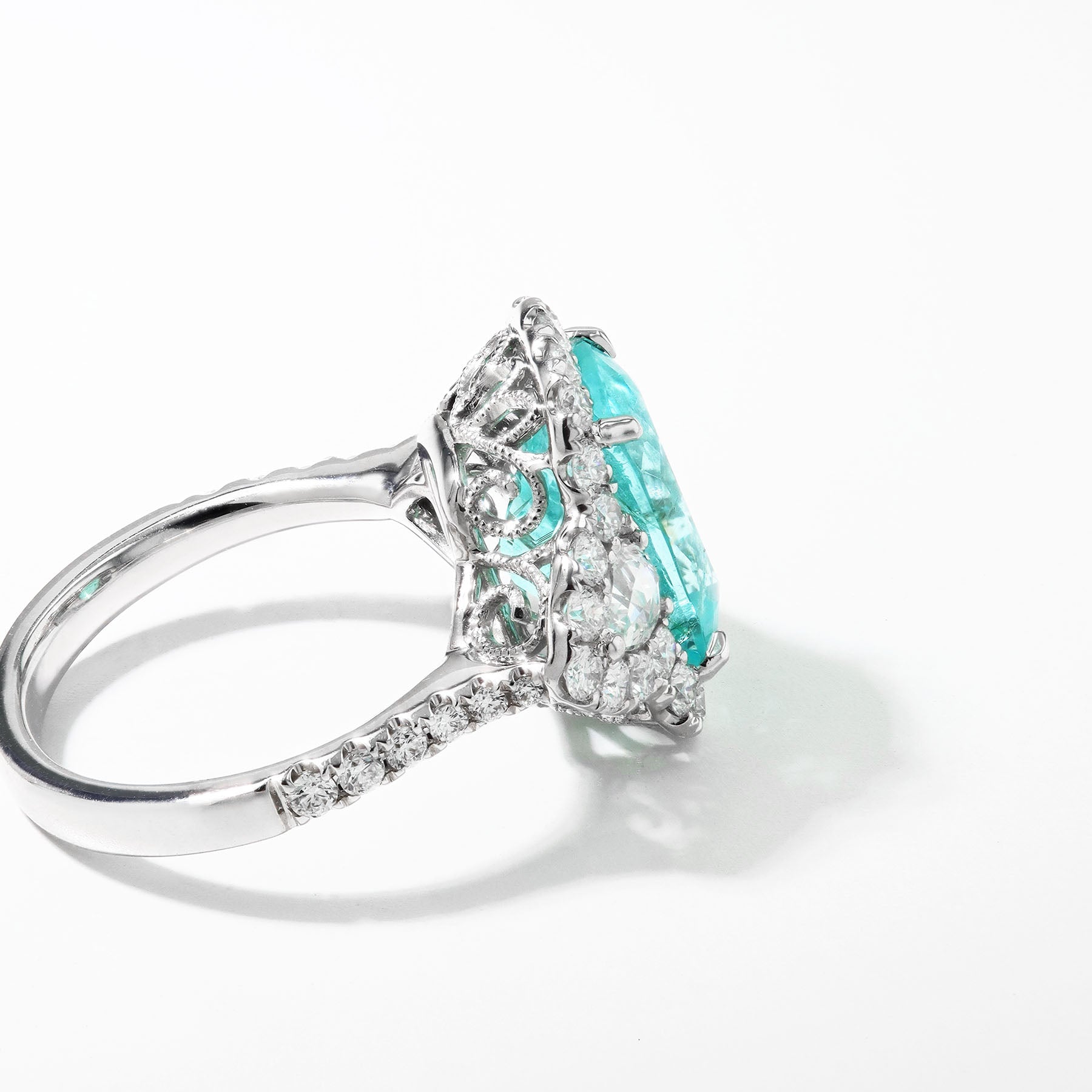 Cushion Paraiba Tourmaline Ring with Rose Cut Side Diamonds