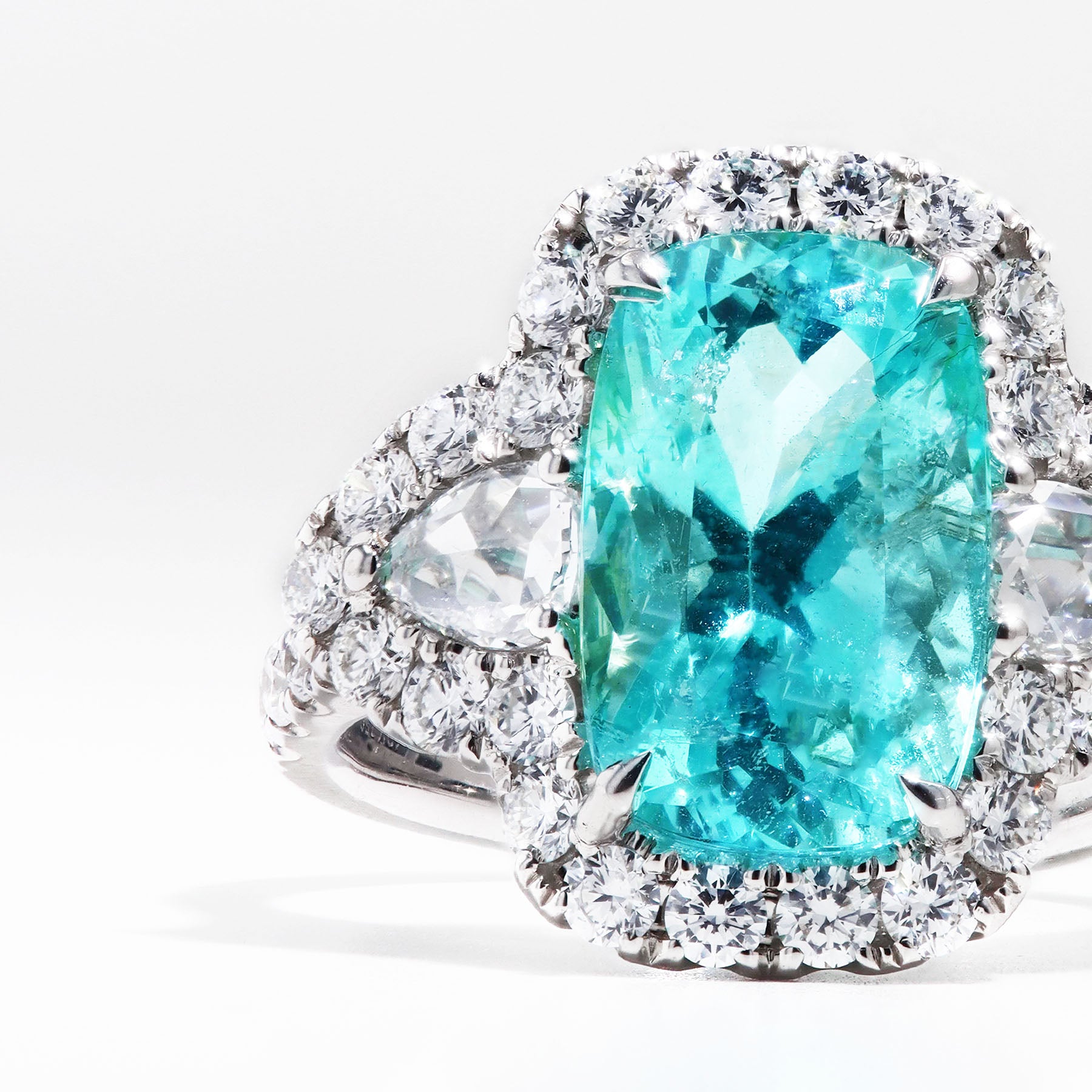 Cushion Paraiba Tourmaline Ring with Rose Cut Side Diamonds