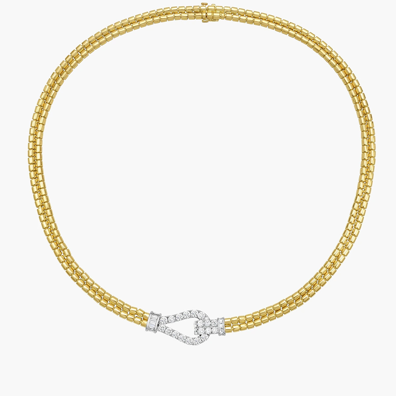 A gold chain necklace with a diamond-encrusted knot clasp, displayed on a clean white background.