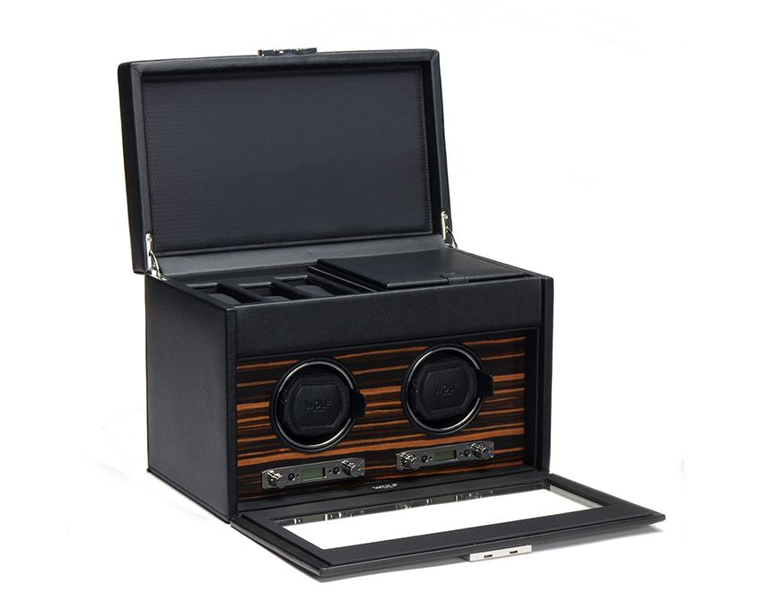 Wolf Roadster Black Double Watch Winder with Storage