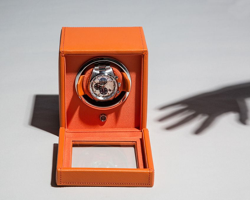 Wolf Cub Single Winder With Cover in Orange Leather