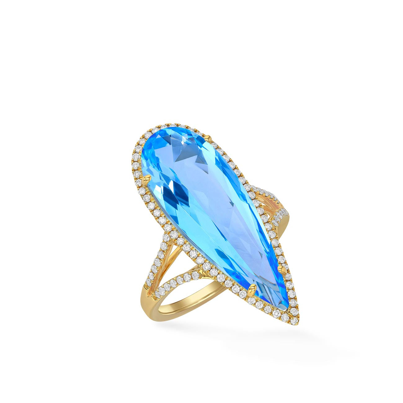 Large Pear Shape Blue Topaz and Diamond Halo Ring
