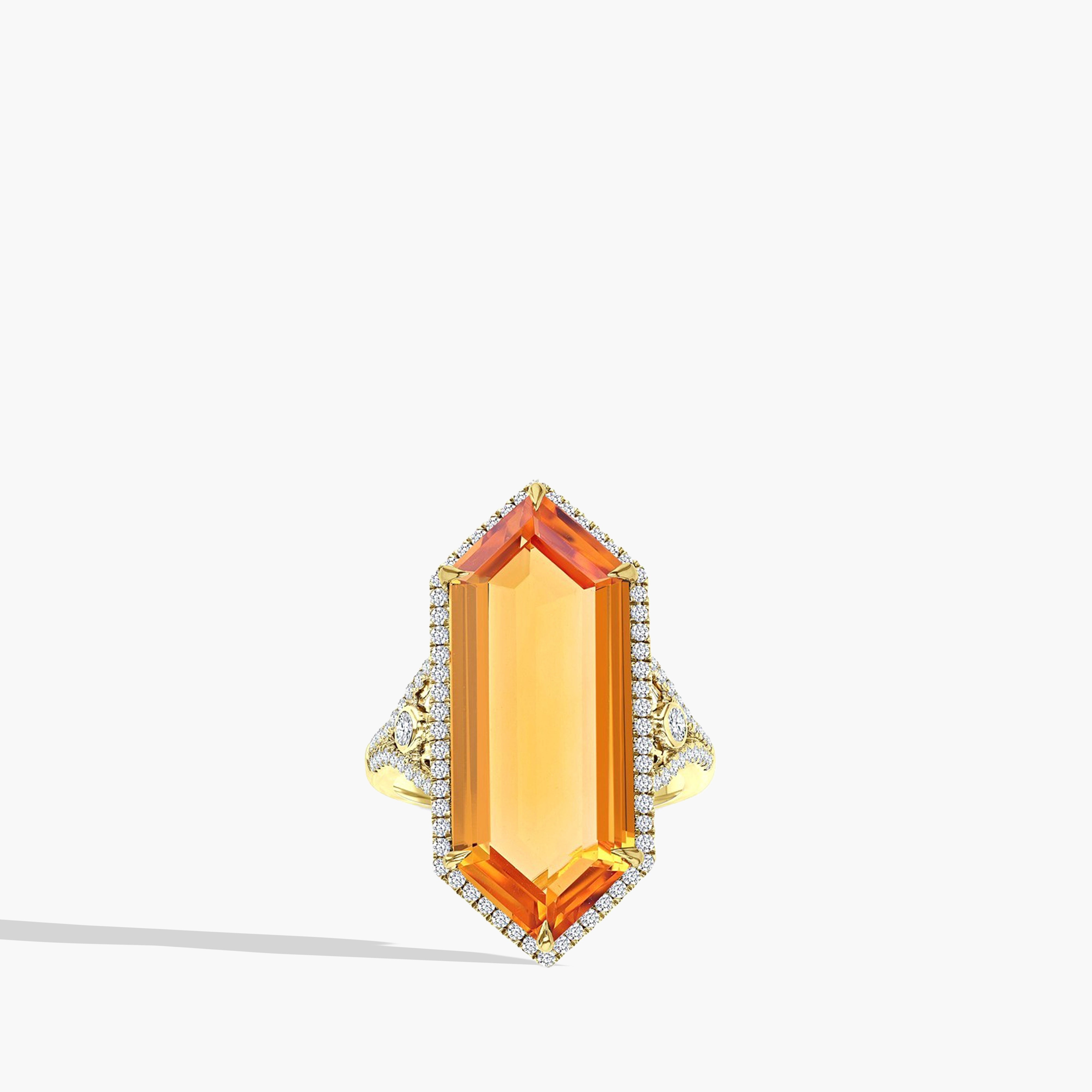 Hexagonal Citrine and Diamond Halo Ring