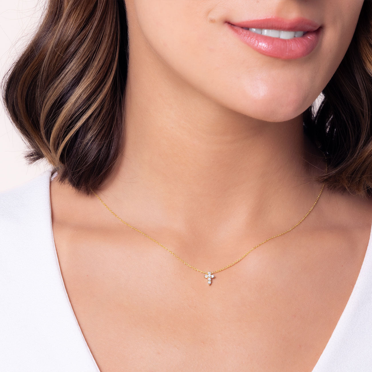 Roberto Coin Tiny Treasures Yellow Gold Small Diamond Cross Pendant Necklace